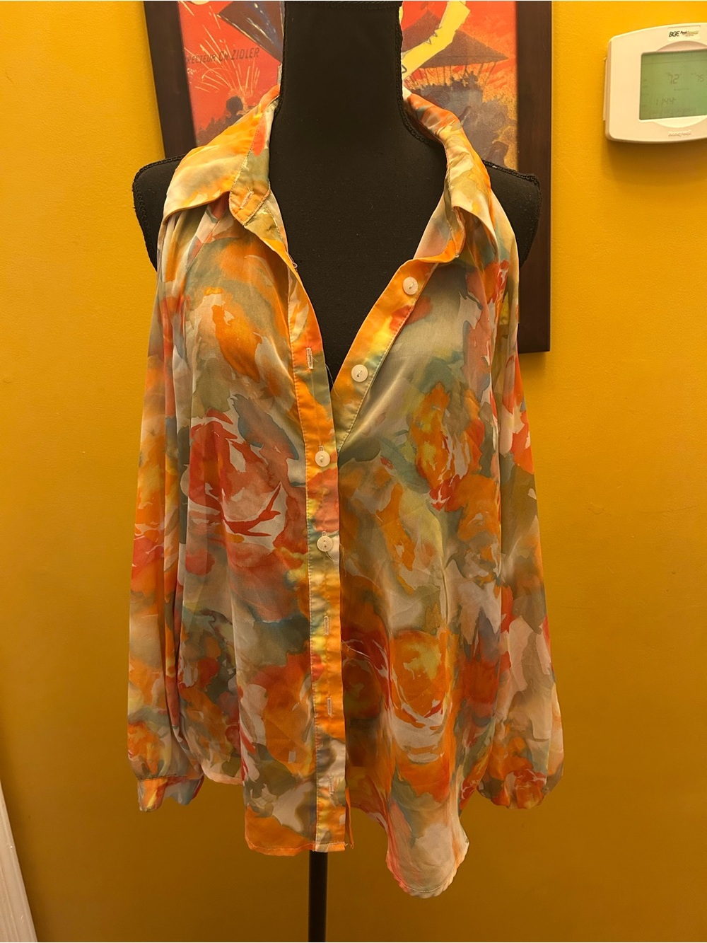 Forever 21 Sheer Floral Cut Out Shoulder Button Down Top Size XL